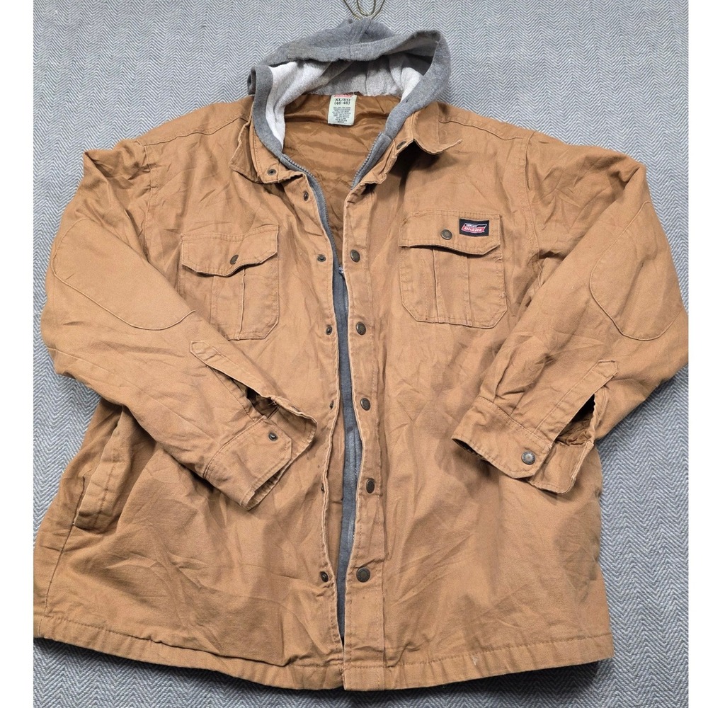 Genuine Dickies Men XL Brown Duck Canvas Hooded Shirt Jacket Quilted Lined XL/EG